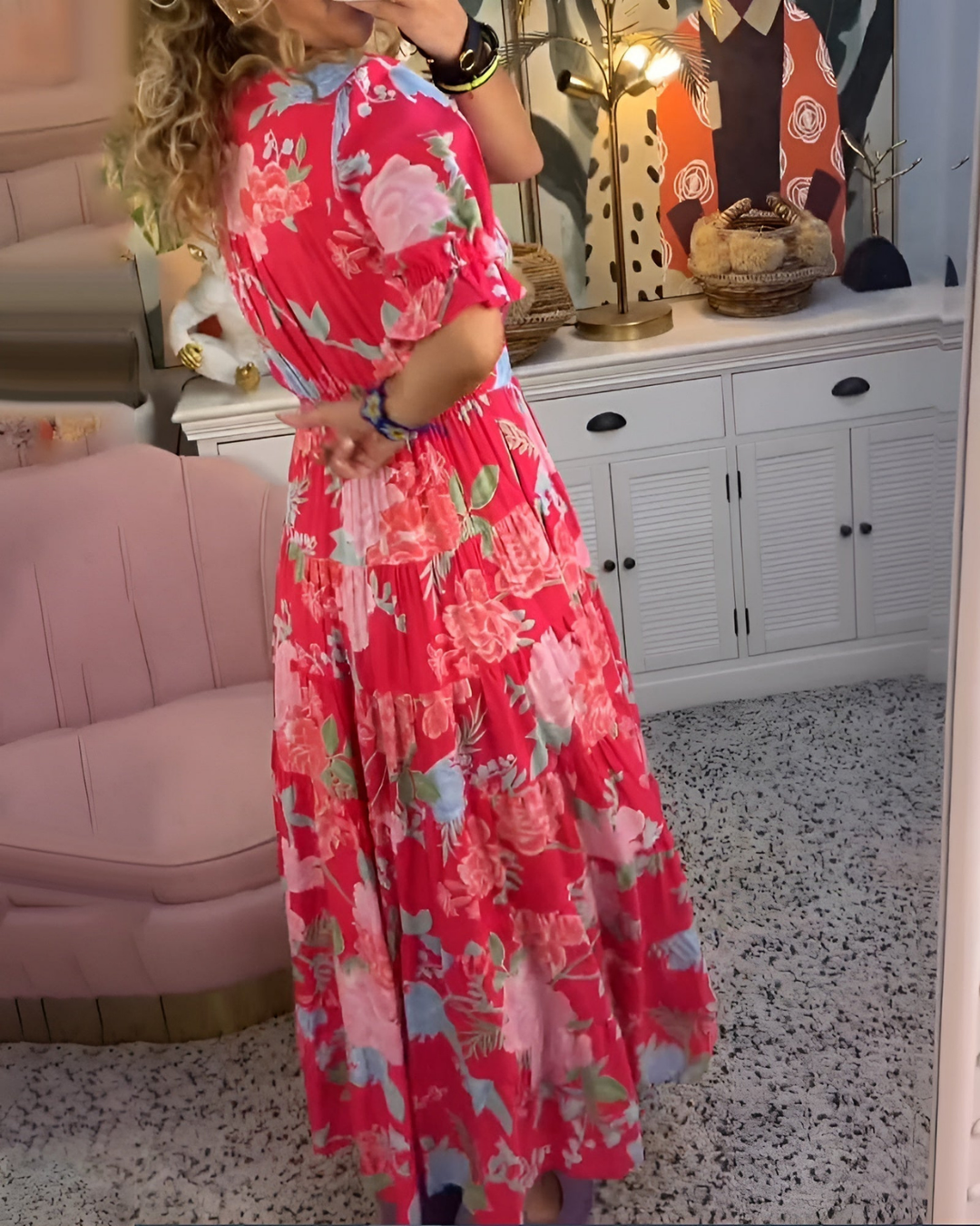 Vivienne | Women's Chiffon Floral Puff-Sleeve Tiered Maxi Dress