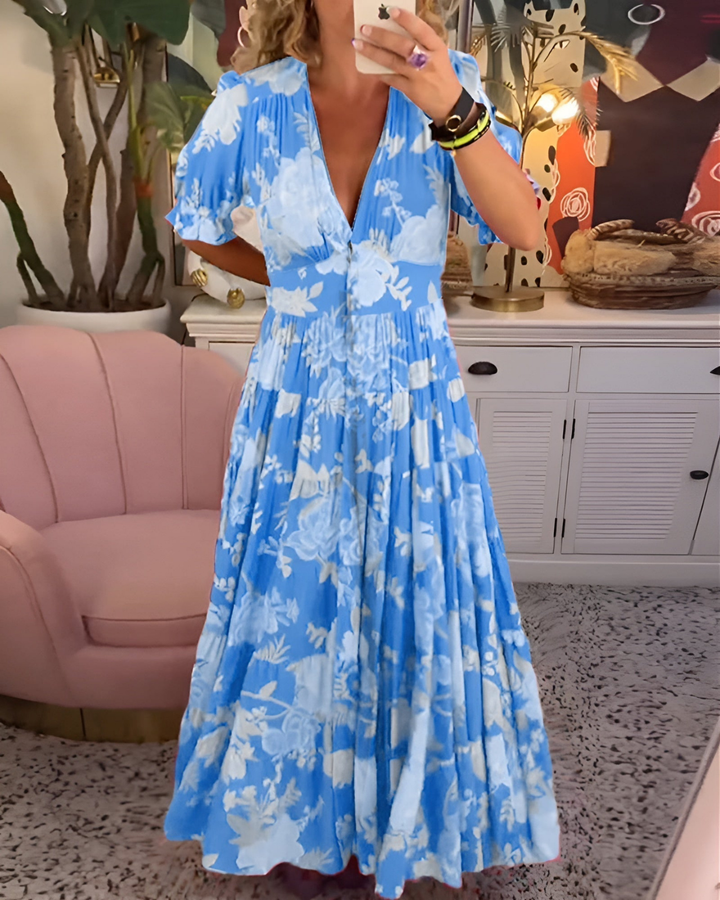 Vivienne | Women's Chiffon Floral Puff-Sleeve Tiered Maxi Dress