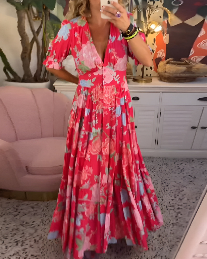 Vivienne | Women's Chiffon Floral Puff-Sleeve Tiered Maxi Dress