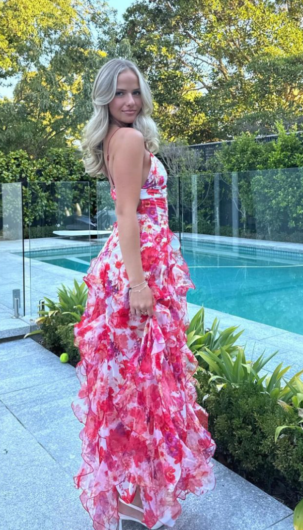 Vivienne | Women's Chiffon Printed Ruffle Open-Back Maxi Dress