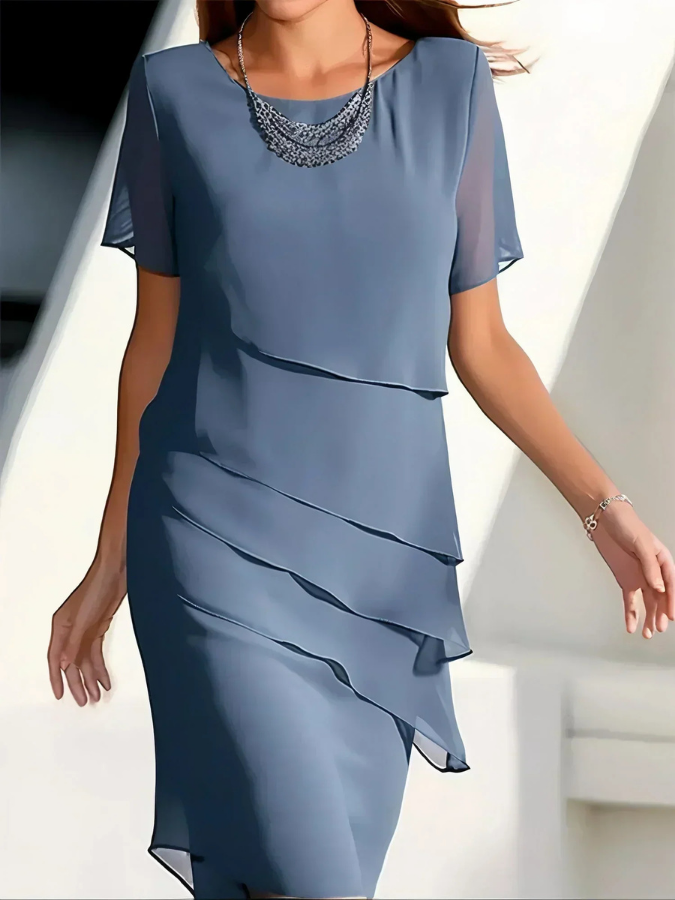 Vivienne | Women's Chiffon Tiered Short-Sleeve Midi Dress Elegant
