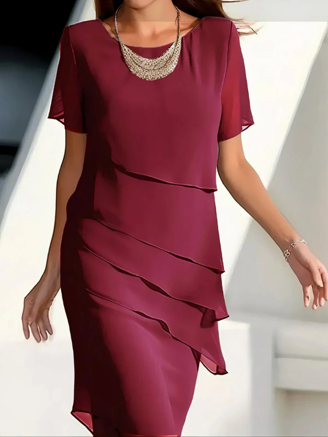 Vivienne | Women's Chiffon Tiered Short-Sleeve Midi Dress Elegant
