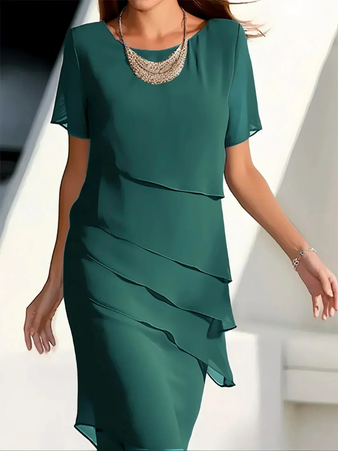 Vivienne | Women's Chiffon Tiered Short-Sleeve Midi Dress Elegant