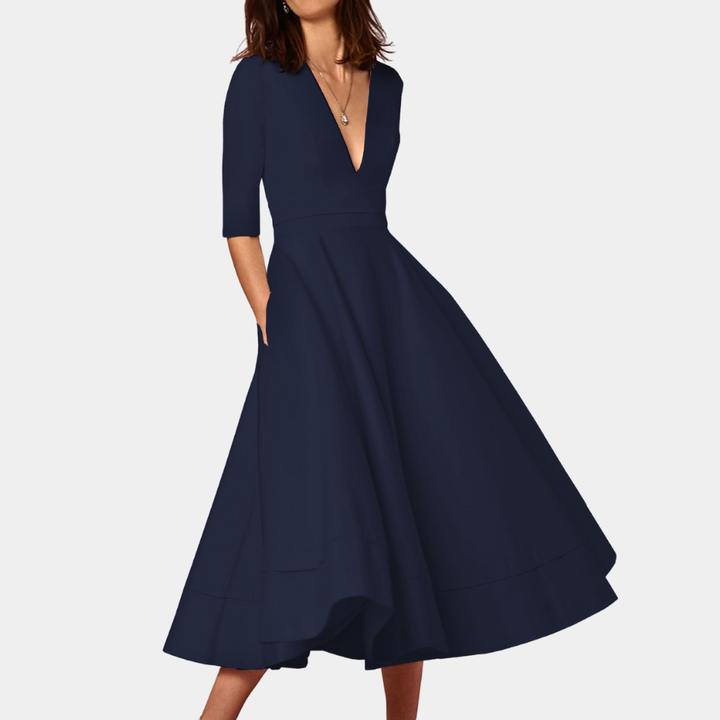 Vivienne | Women's Cotton Elegant V-Neck Fit-and-Flare Midi Dress