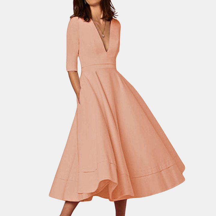 Vivienne | Women's Cotton Elegant V-Neck Fit-and-Flare Midi Dress