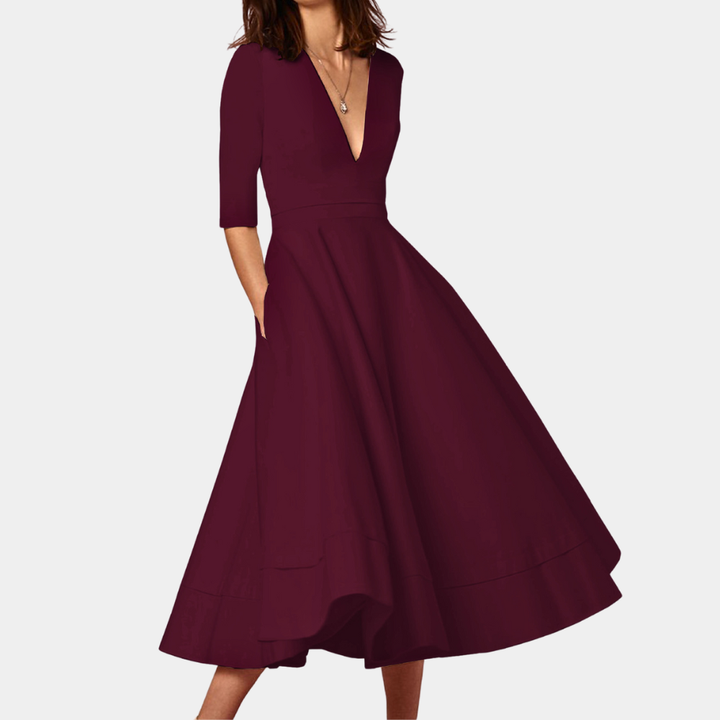 Vivienne | Women's Cotton Elegant V-Neck Fit-and-Flare Midi Dress