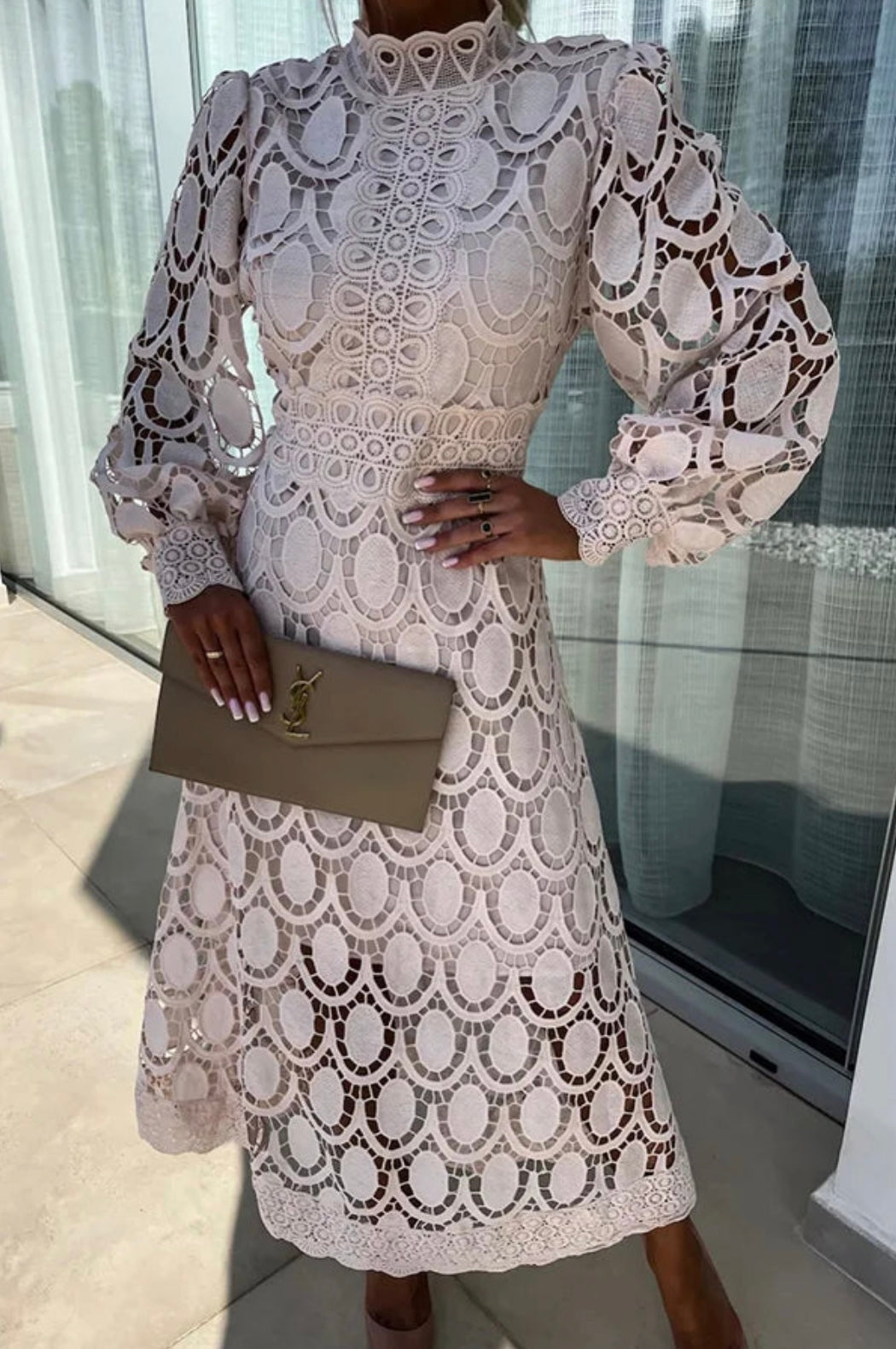 Vivienne | Women's Cotton Lace Crochet High Neck Midi Dress