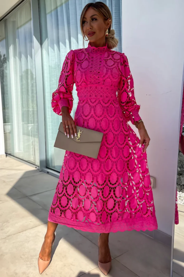 Vivienne | Women's Cotton Lace Crochet High Neck Midi Dress