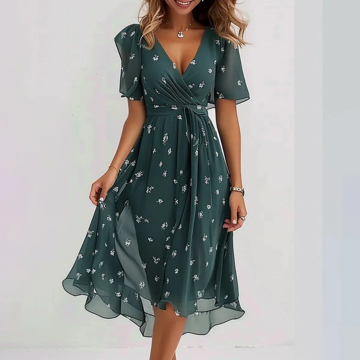 Willa | Women's Chiffon Print Wrap V-Neck Midi Dress