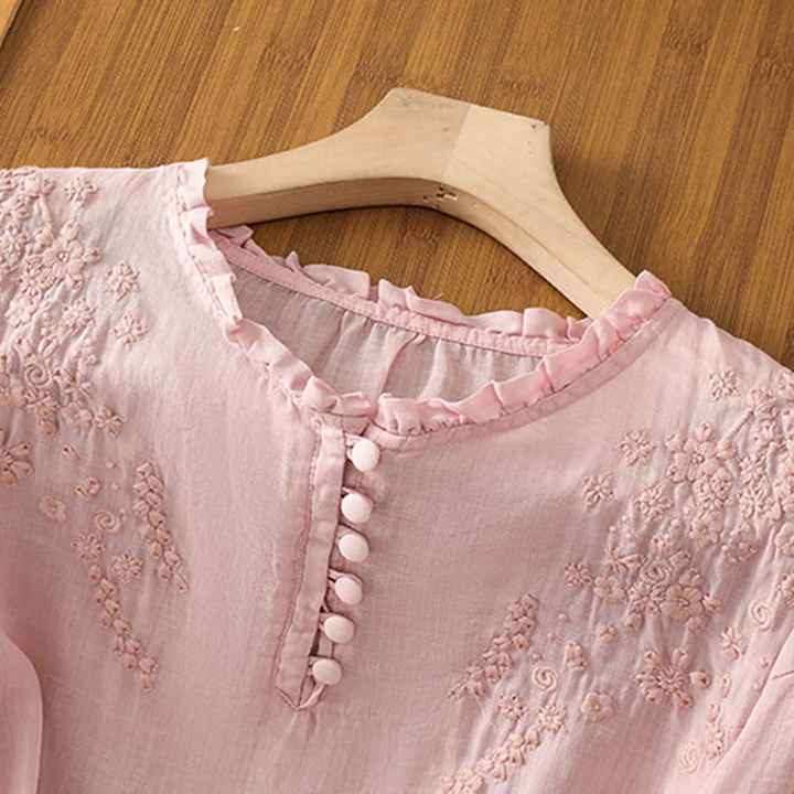 Willa | Women's Cotton Embroidered Frill Neck 3/4 Sleeve Blouse