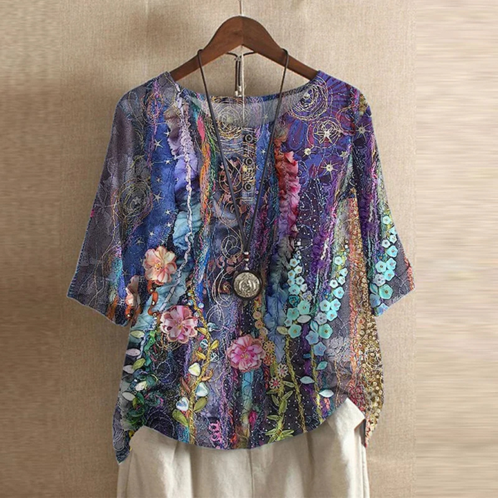 Willa | Women's Cotton Vintage Print Round Neck Half Sleeve Blouse