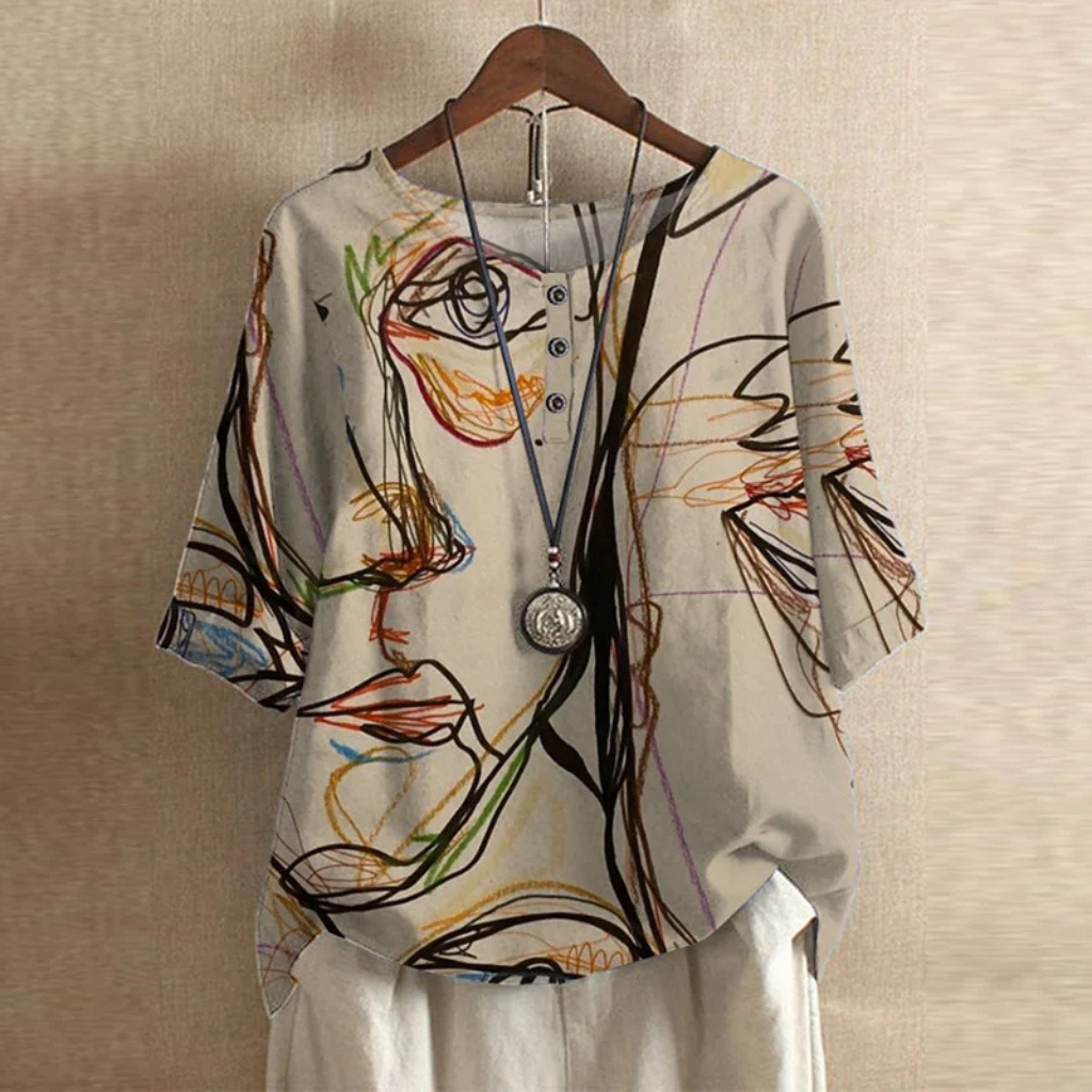 Willa | Women's Cotton Vintage Print Round Neck Half Sleeve Blouse