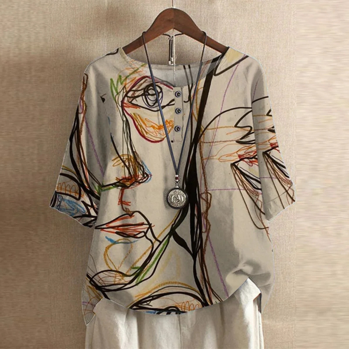 Willa | Women's Cotton Vintage Print Round Neck Half Sleeve Blouse