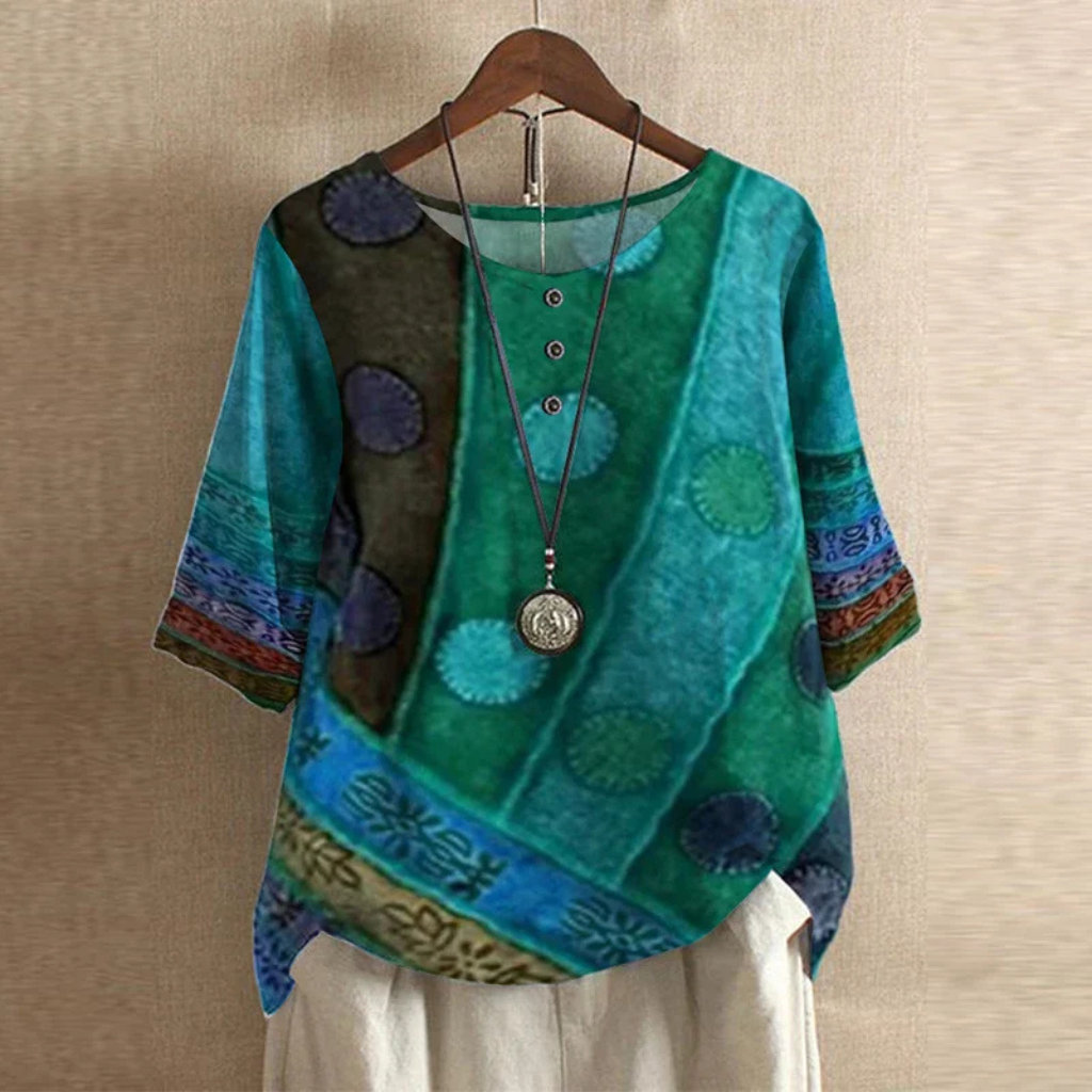 Willa | Women's Cotton Vintage Print Round Neck Half Sleeve Blouse
