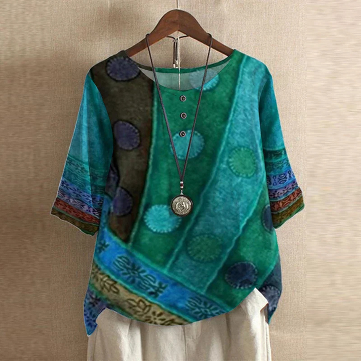 Willa | Women's Cotton Vintage Print Round Neck Half Sleeve Blouse