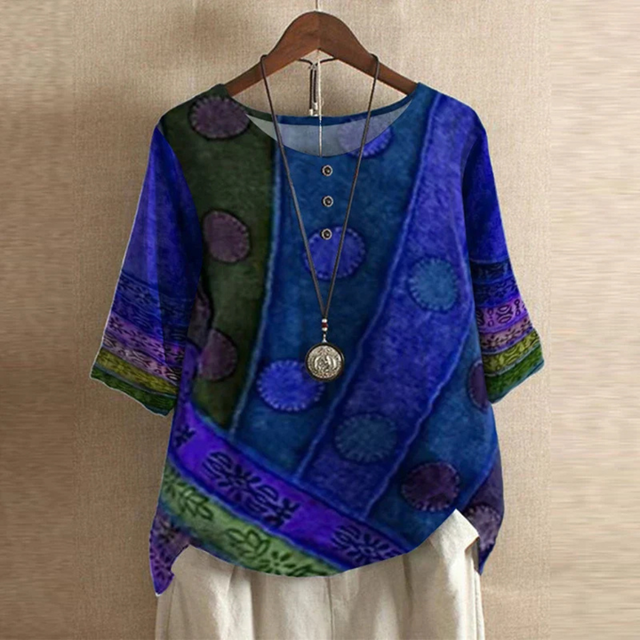 Willa | Women's Cotton Vintage Print Round Neck Half Sleeve Blouse
