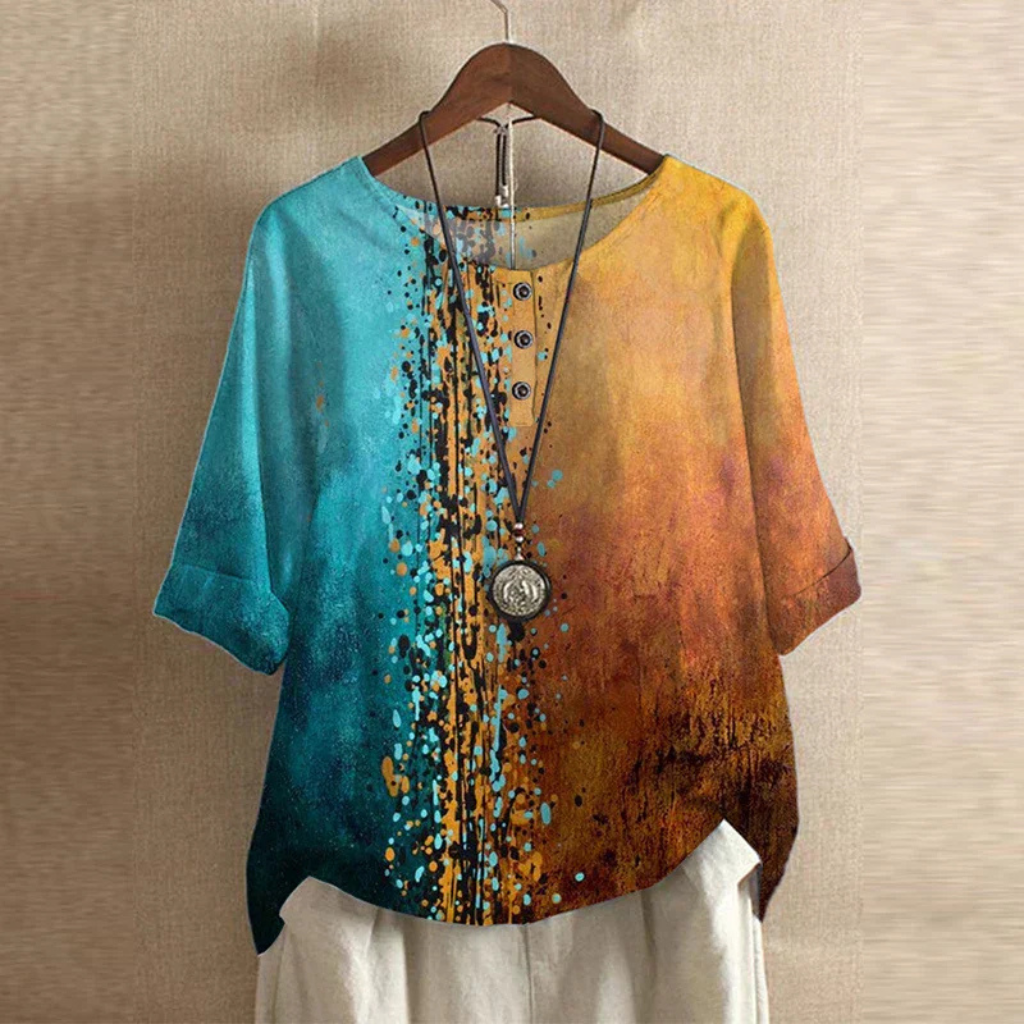 Willa | Women's Cotton Vintage Print Round Neck Half Sleeve Blouse