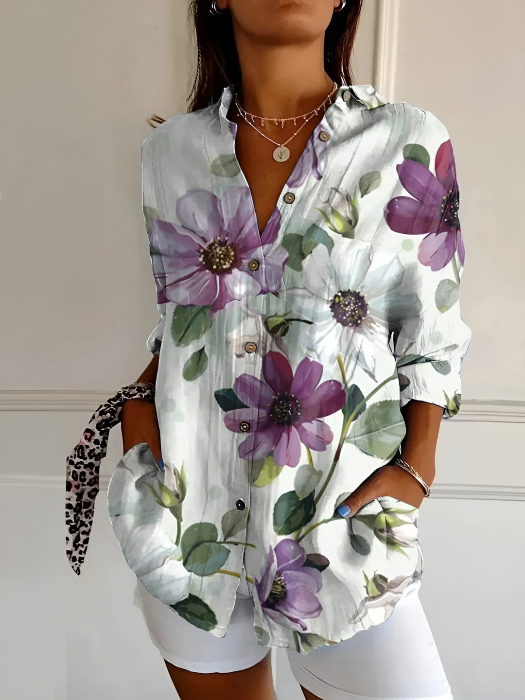 Willa | Women's Linen Bird Print Collared Button-Down Blouse
