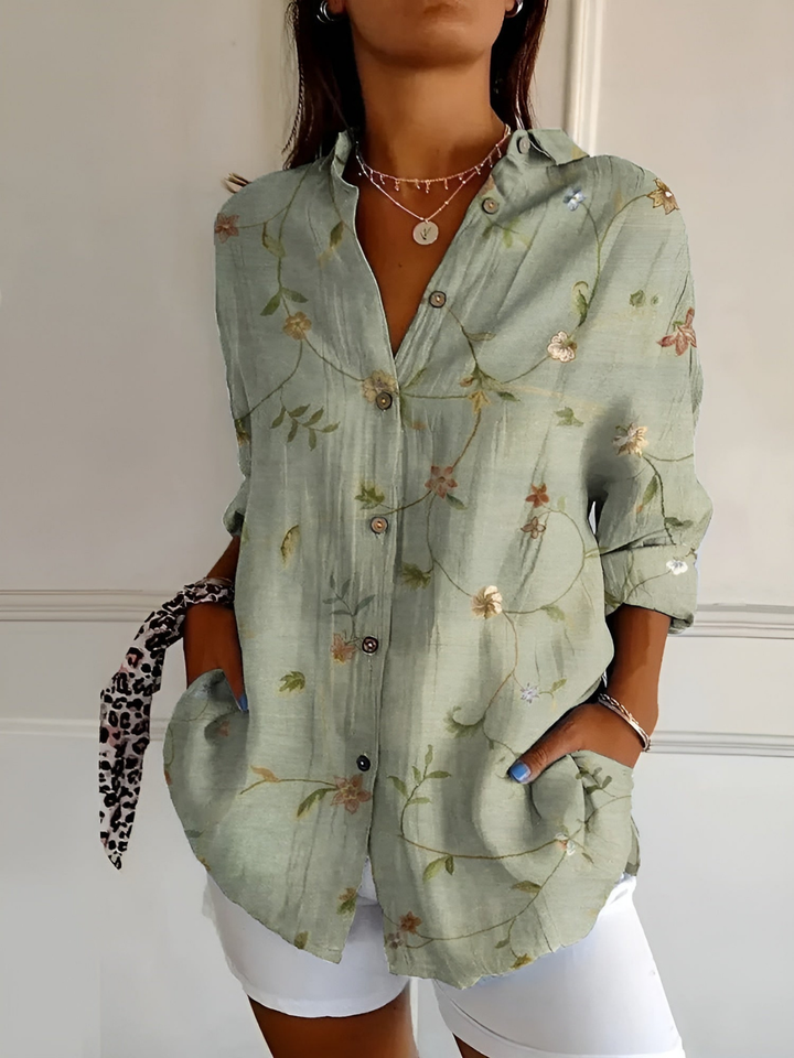 Willa | Women's Linen Bird Print Collared Button-Down Blouse