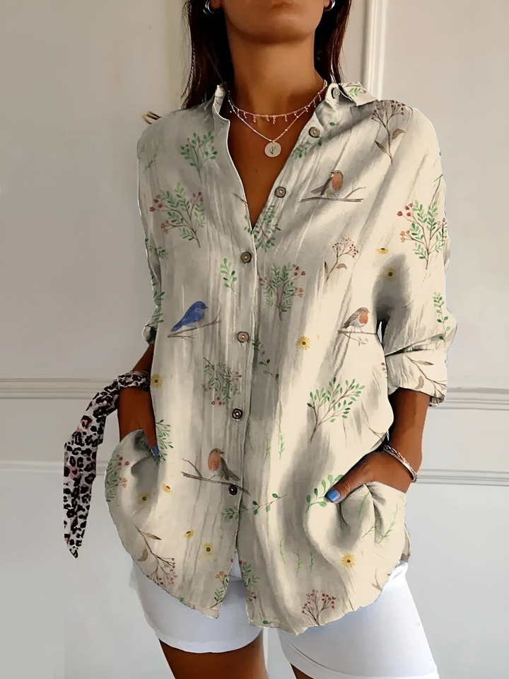 Willa | Women's Linen Bird Print Collared Button-Down Blouse