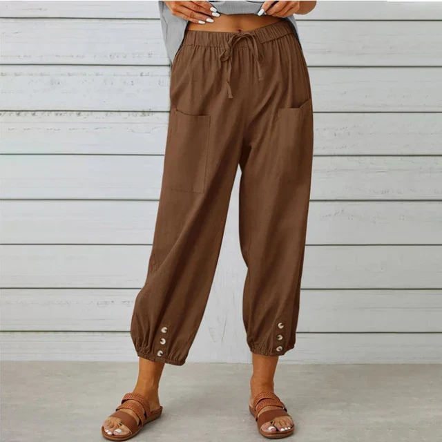 Willa | Women's Linen High-Waist Cropped Button-Cuff Trousers