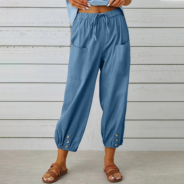 Willa | Women's Linen High Waist Cropped Button Cuff Trousers