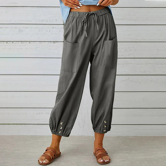 Willa | Women's Linen High-Waist Cropped Button-Cuff Trousers