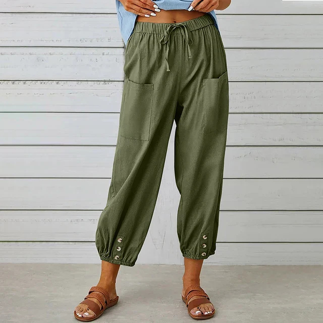 Willa | Women's Linen High Waist Cropped Button Cuff Trousers