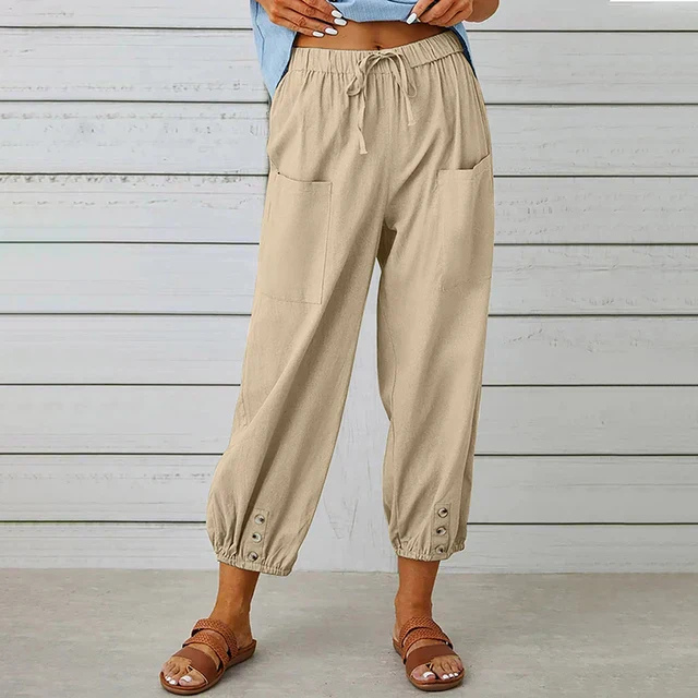 Willa | Women's Linen High Waist Cropped Button Cuff Trousers