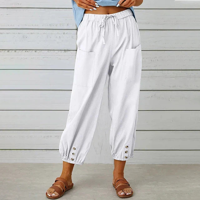 Willa | Women's Linen High-Waist Cropped Button-Cuff Trousers