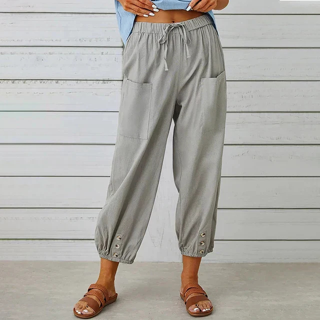 Willa | Women's Linen High Waist Cropped Button Cuff Trousers