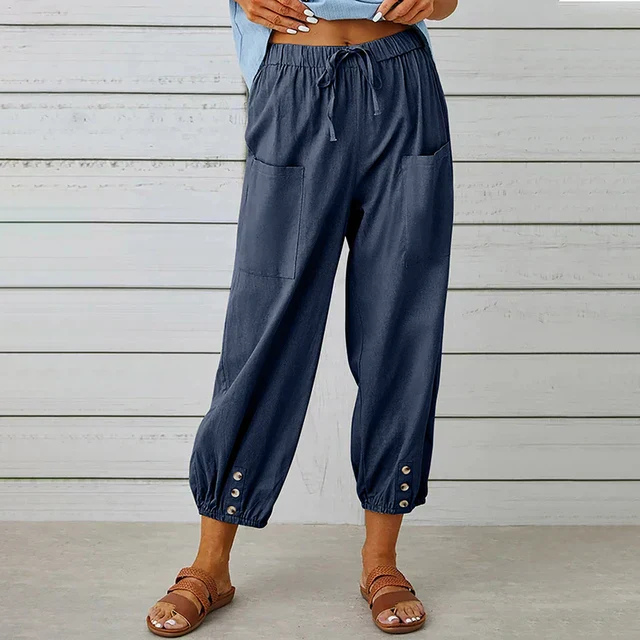 Willa | Women's Linen High-Waist Cropped Button-Cuff Trousers