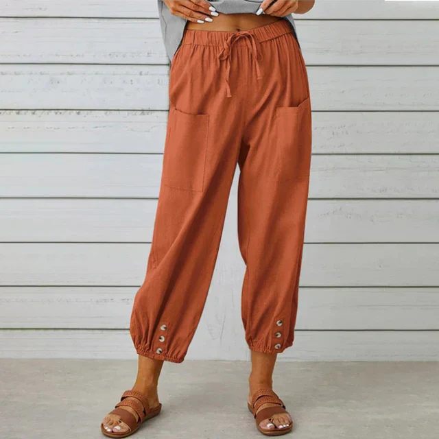 Willa | Women's Linen High-Waist Cropped Button-Cuff Trousers