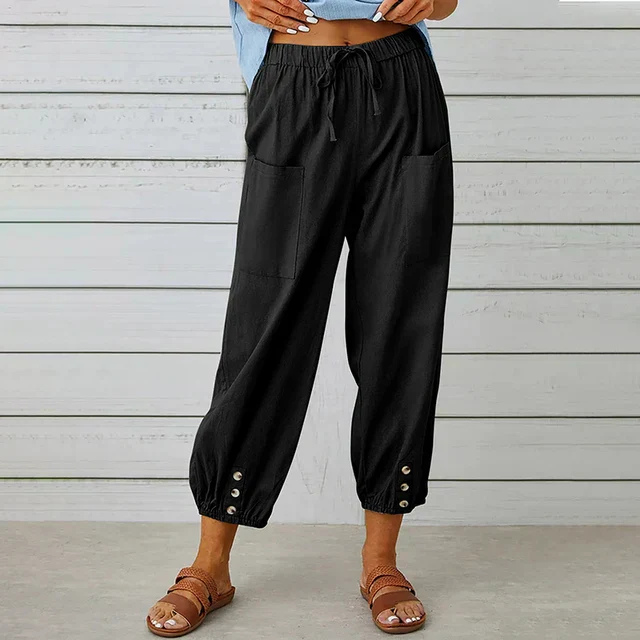 Willa | Women's Linen High Waist Cropped Button Cuff Trousers
