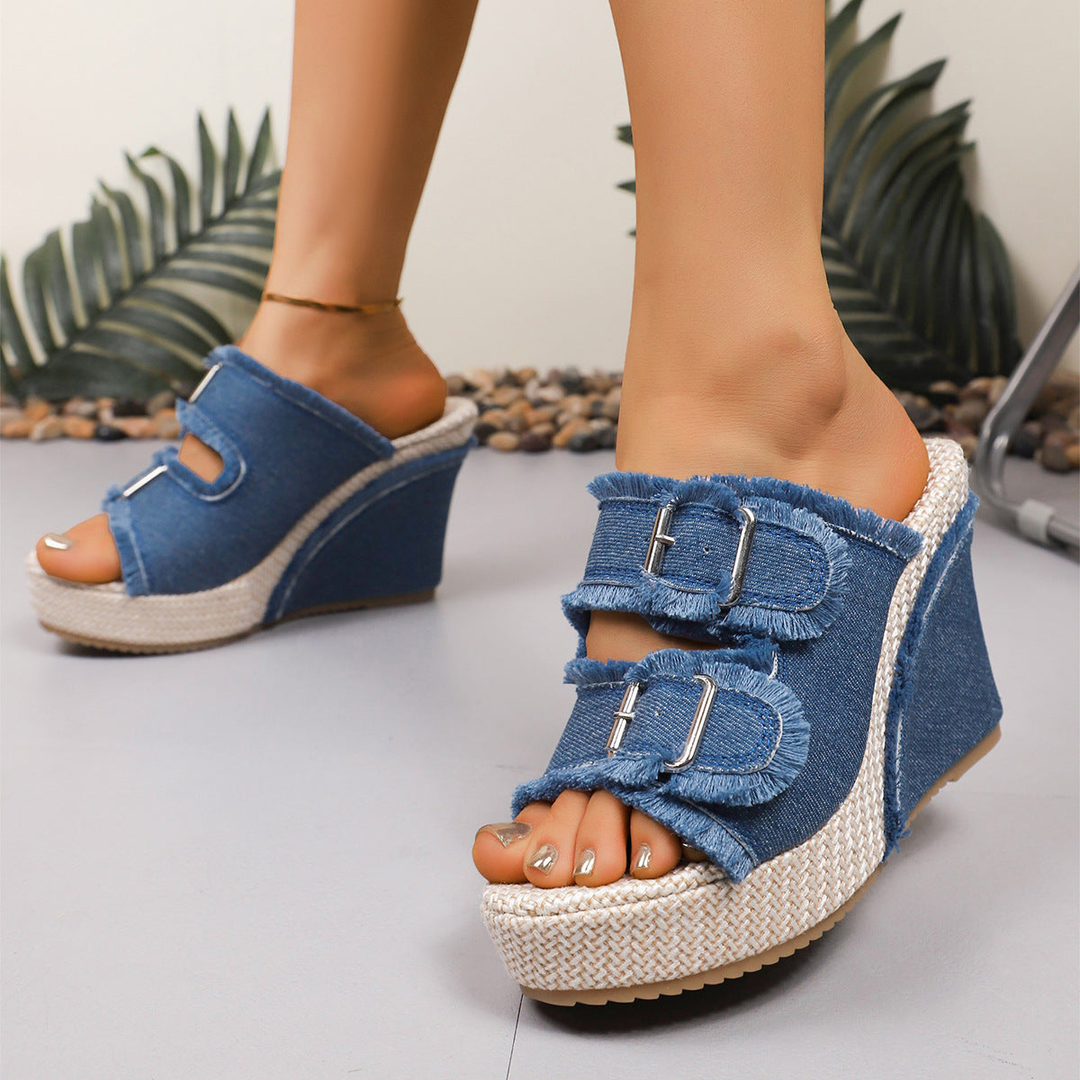 Wren | Women's Denim Buckle Platform Wedge Slide Sandals