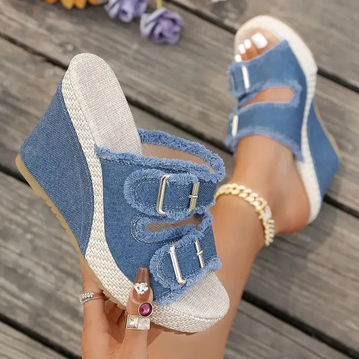 Wren | Women's Denim Buckle Platform Wedge Slide Sandals