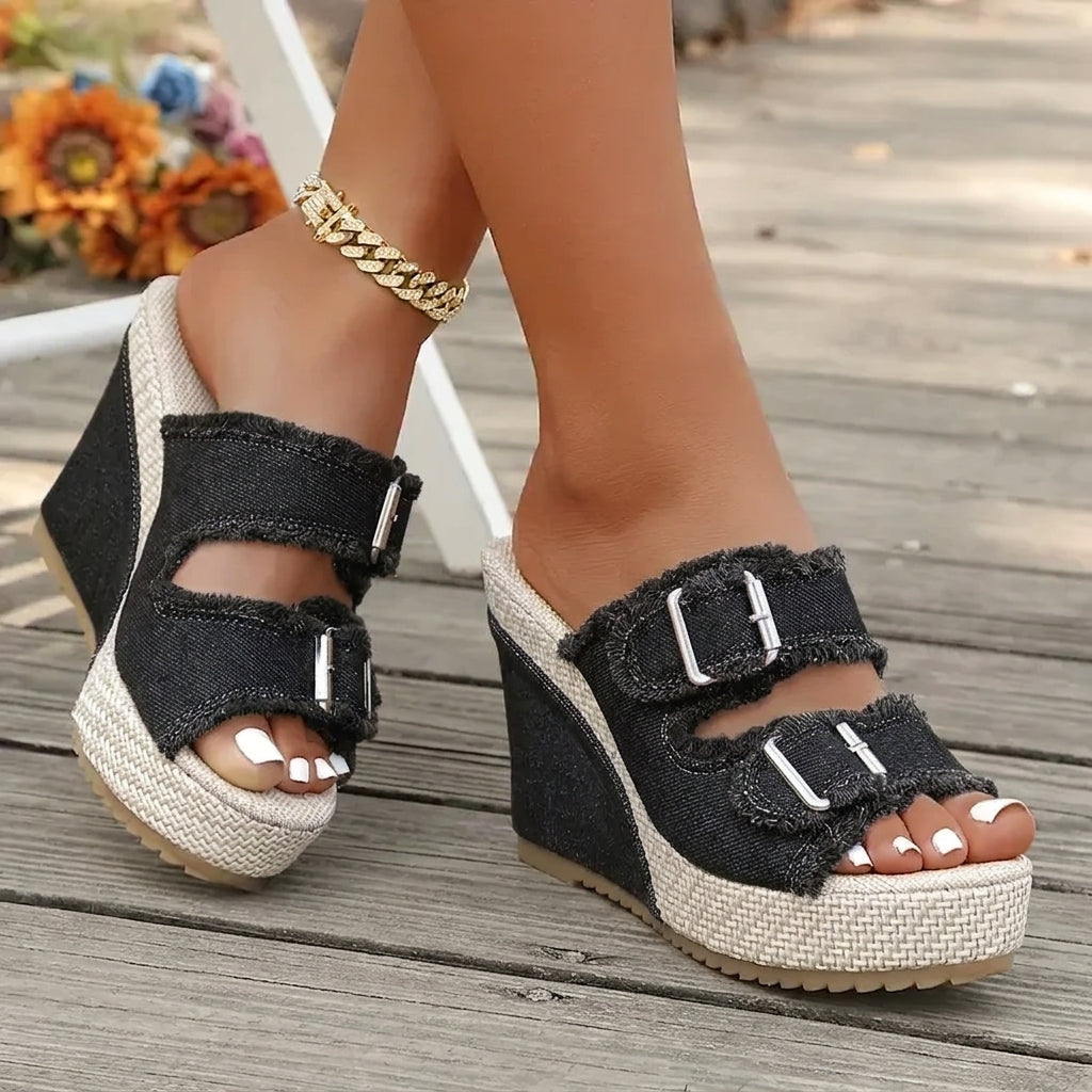 Wren | Women's Denim Buckle Platform Wedge Slide Sandals