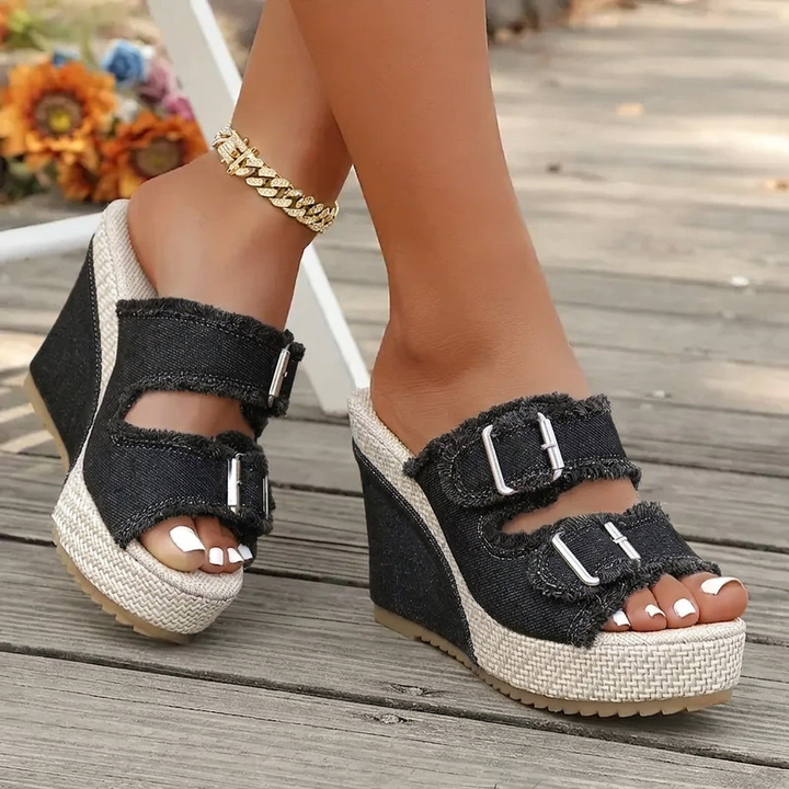 Wren | Women's Denim Buckle Platform Wedge Slide Sandals