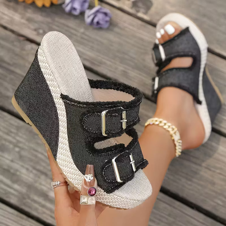 Wren | Women's Denim Buckle Platform Wedge Slide Sandals