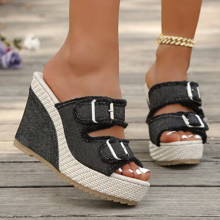 Wren | Women's Denim Buckle Platform Wedge Slide Sandals