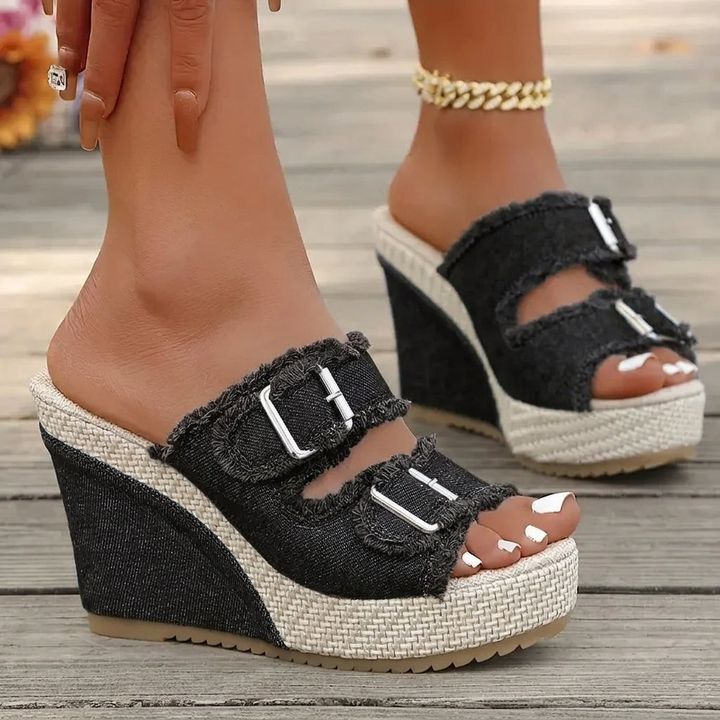 Wren | Women's Denim Buckle Platform Wedge Slide Sandals