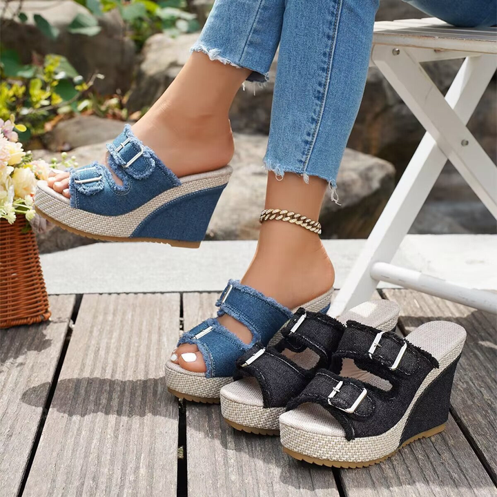 Wren | Women's Denim Buckle Platform Wedge Slide Sandals