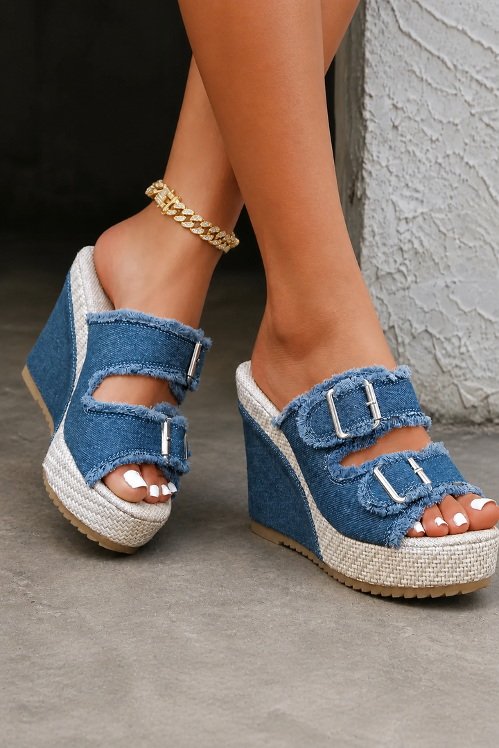 Wren | Women's Denim Buckle Platform Wedge Slide Sandals