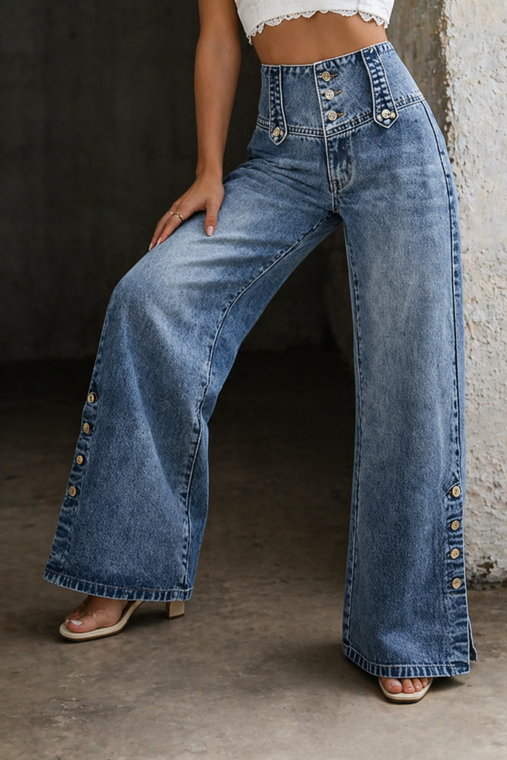 Wren | Women's Denim High-Waist Button Detail Wide Leg Jeans