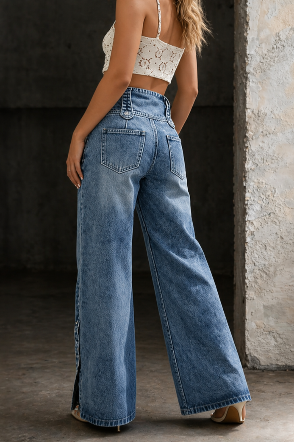 Wren | Women's Denim High-Waist Button Detail Wide Leg Jeans