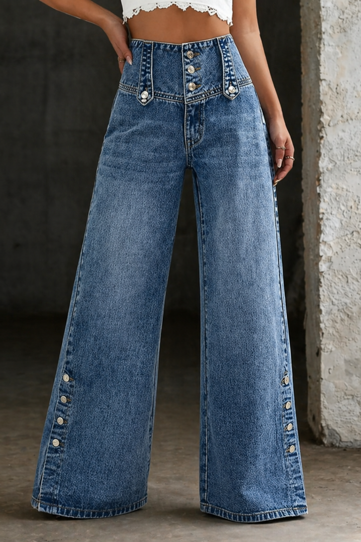 Wren | Women's Denim High-Waist Button Detail Wide Leg Jeans