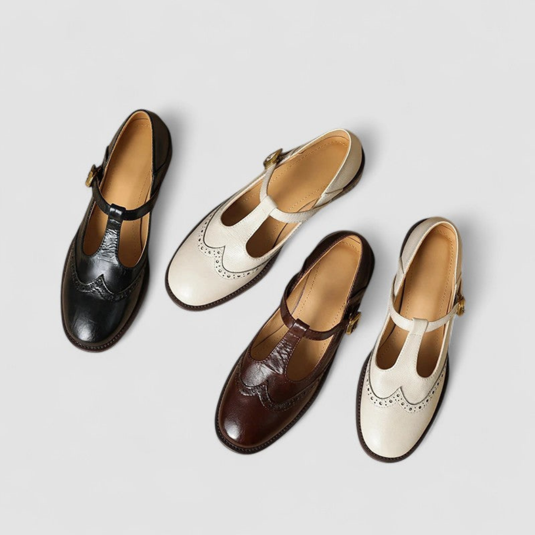 Wren | Women's Leather Brogue T-Bar Buckle Low Heel Shoes