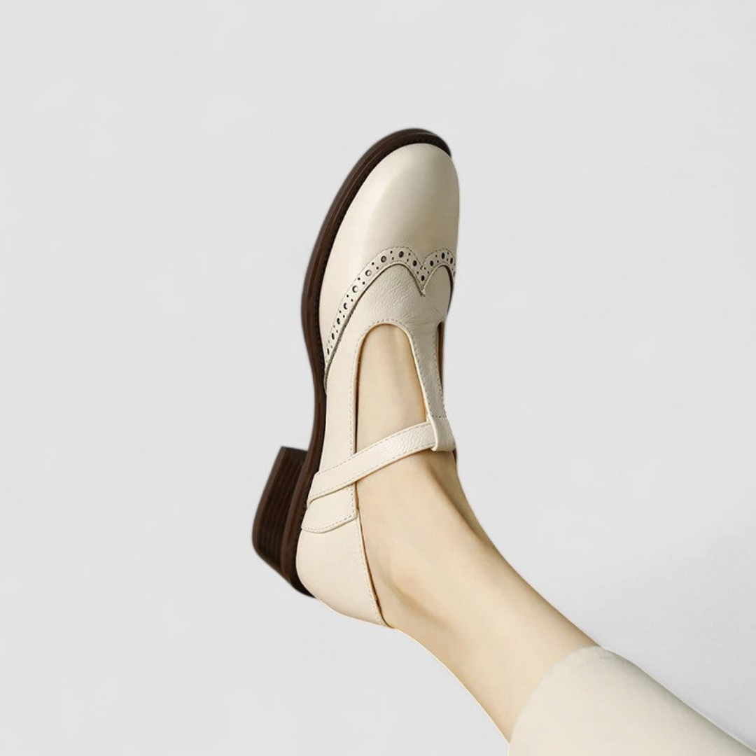 Wren | Women's Leather Brogue T-Bar Buckle Low Heel Shoes