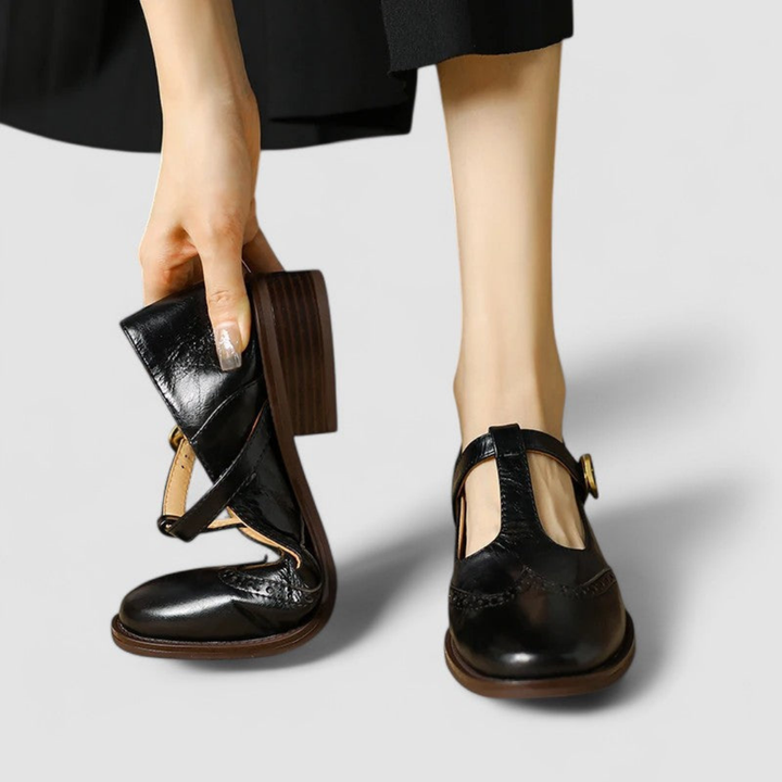 Wren | Women's Leather Brogue T-Bar Buckle Low Heel Shoes