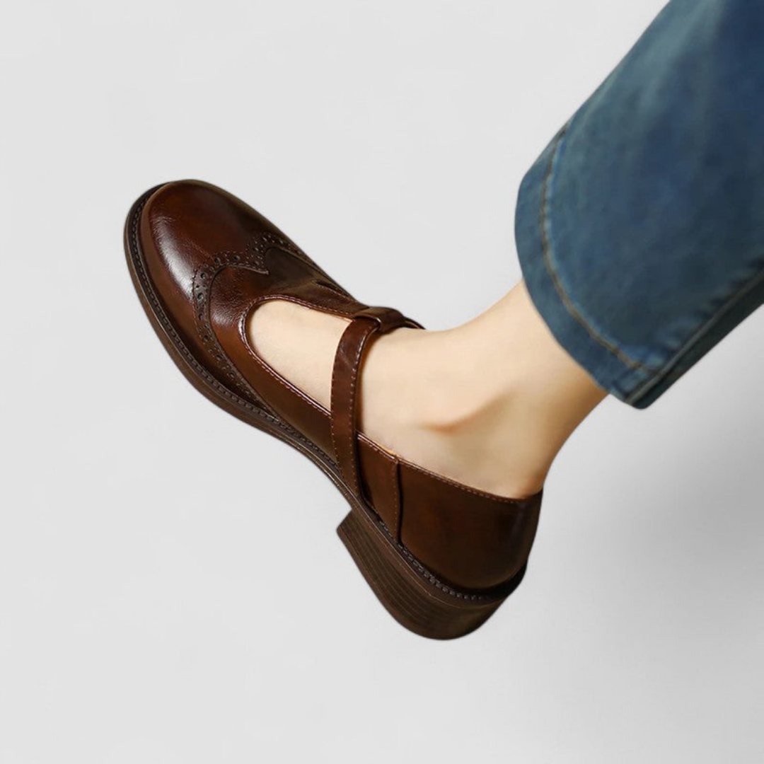 Wren | Women's Leather Brogue T-Bar Buckle Low Heel Shoes